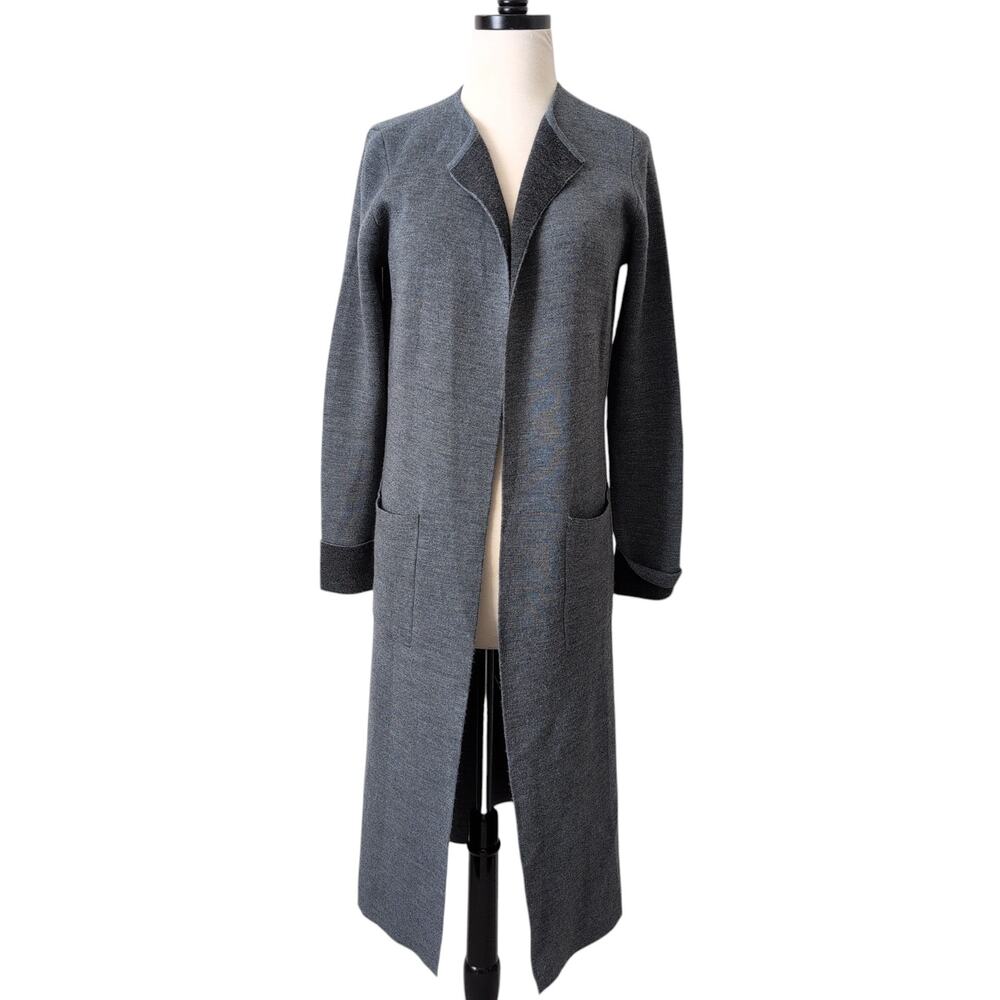 Tahari Duster Sweater Small Gray Longline‎ Open Cardigan Classy Merino Wool
